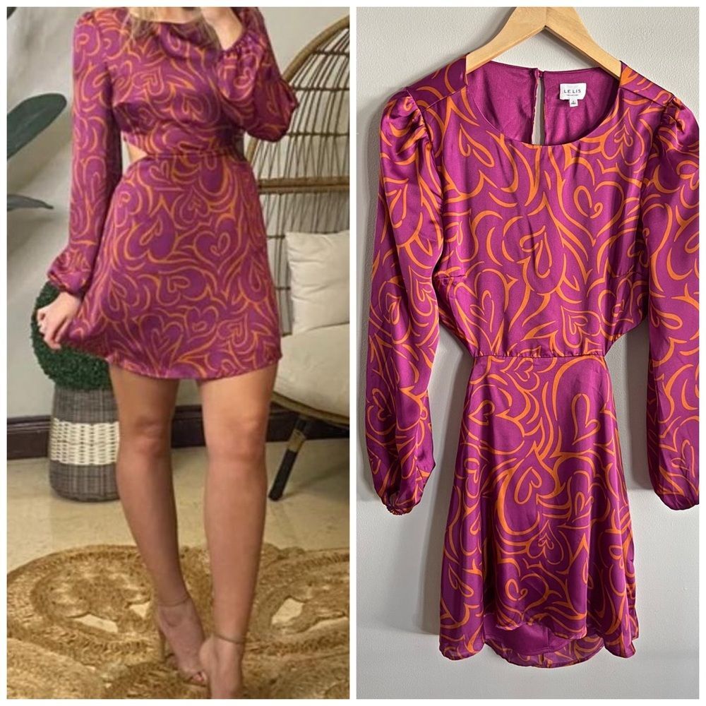 Le Lis Heart Print Mini Dress Cutout Back Pink Orange Flirty Small